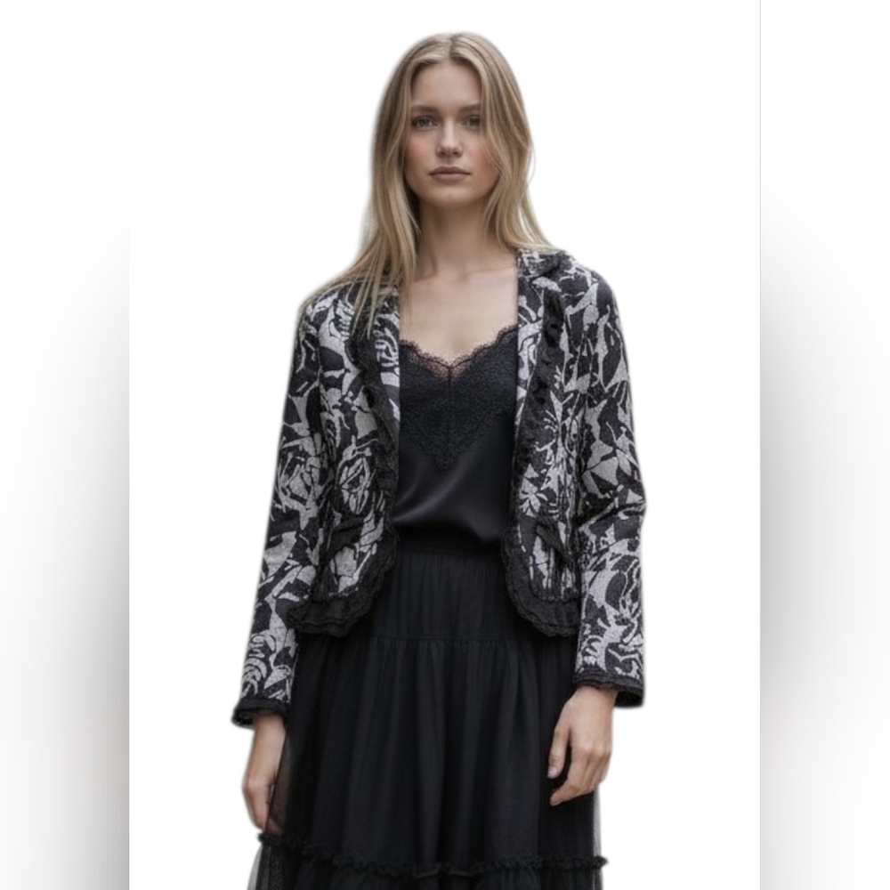 Vintage Linen Whimsigoth Blazer Ruffle Trim Black & White Floral Y2K Small